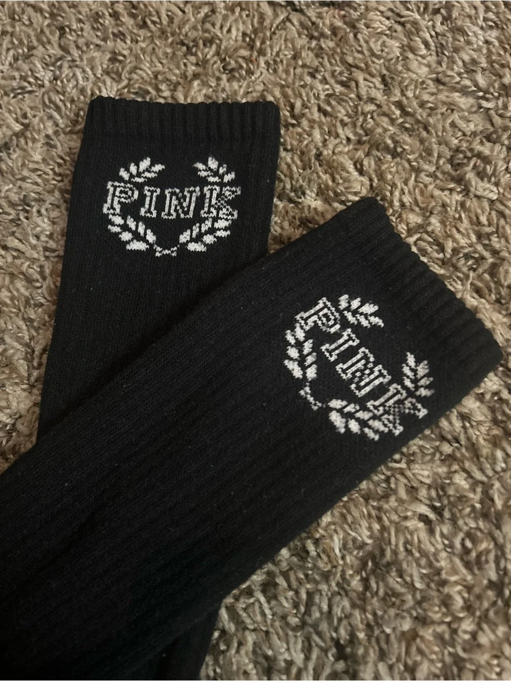 PINK Victoria's Secret Black Crew Socks with White Wreath Logo